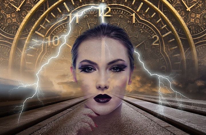 woman with lightning and clocks behind her
