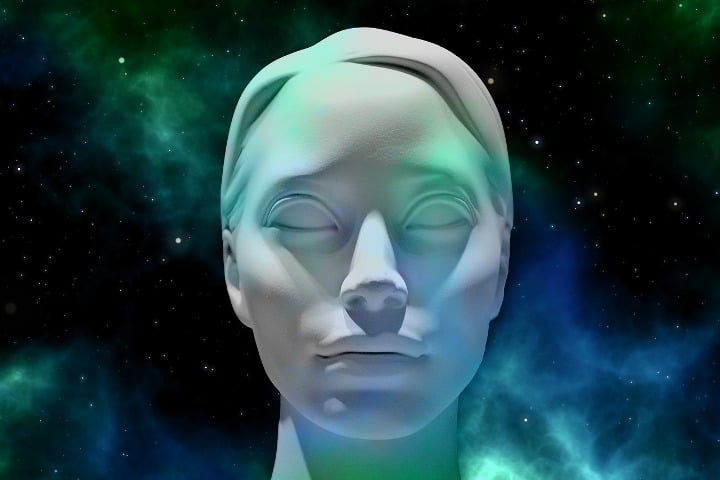 outline of statues face with the universe behind
