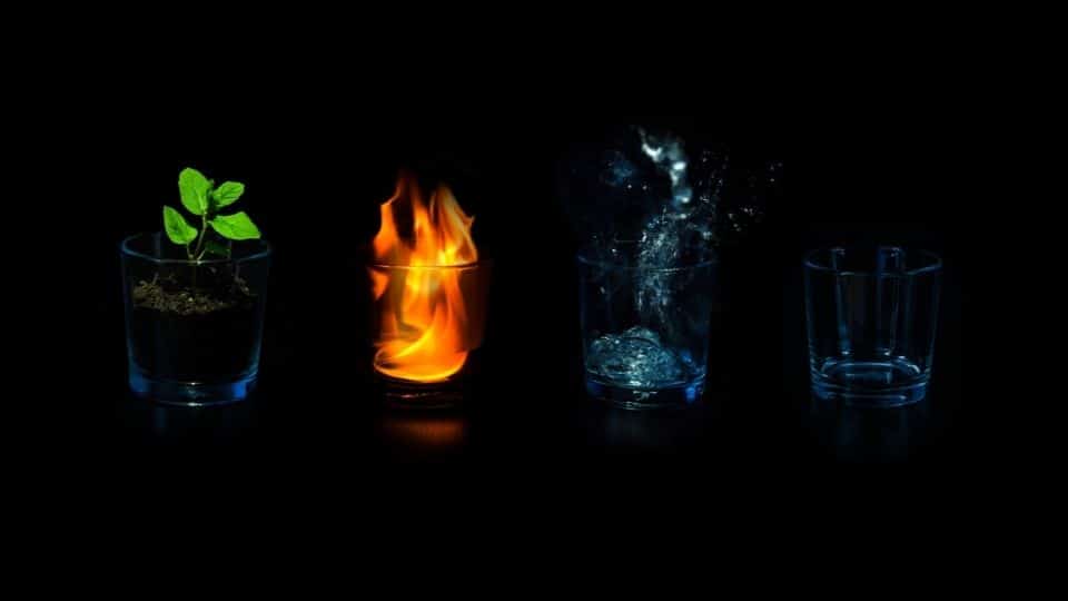 4 glasses containing the 4 elements