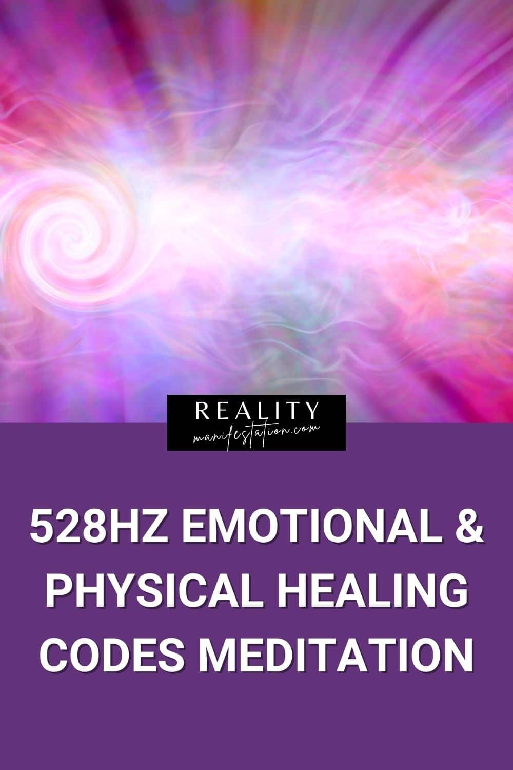 Purple frequency with text underneath saying 528hz Emotional & Physical Healing Codes Meditation