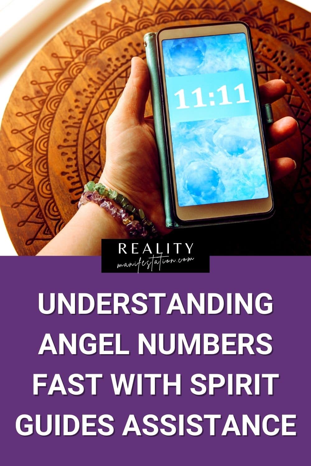 A hand holding a smartphone with a screen save that has 11:11 on it with text underneath saying Find a unique way that isn't covered by most angel number articles for using the assistance of your spirit guides to understand angel numbers.